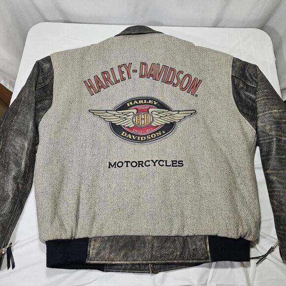 Harley Davidson Men Leather Jacket V Power Motorcycles Spell Out Logo Zip Coat L - Picture 2 of 15
